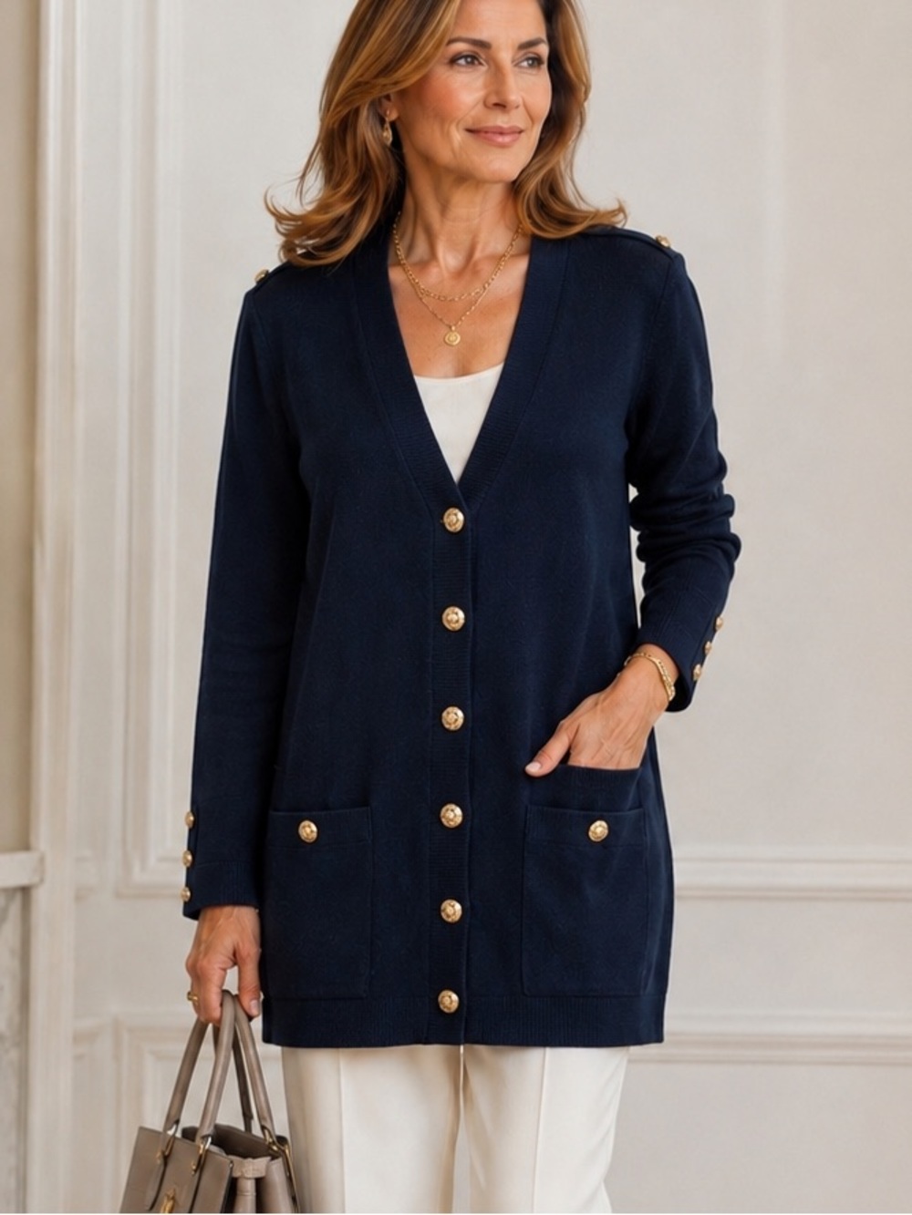 St. John Navy Santana Knit Longline Cardigan Sweater
